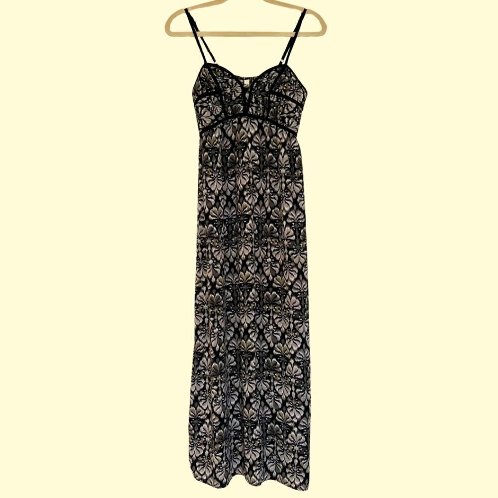 Black and Cream Printed Maxi Dress with Spaghetti Straps